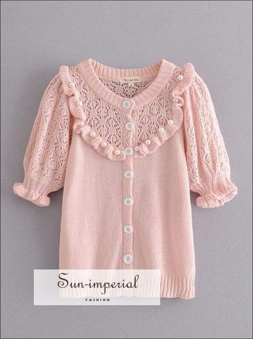 Women Pink Short Sleeve Cardigan Sweater O Neck Knitted top with Pearls detail chick sexy style, vintage style SUN-IMPERIAL United States