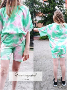 Women Pink Tie Dyed Print Basic T Shirt and Shorts Two Piece Set Biker basic, sporty, sporty style, street style SUN-IMPERIAL United States