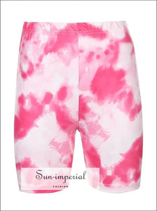 Women Pink Tie Dyed Print Basic T Shirt and Shorts Two Piece Set Biker basic, sporty, sporty style, street style SUN-IMPERIAL United States