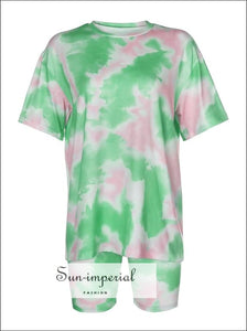 Women Pink Tie Dyed Print Basic T Shirt and Shorts Two Piece Set Biker basic, sporty, sporty style, street style SUN-IMPERIAL United States