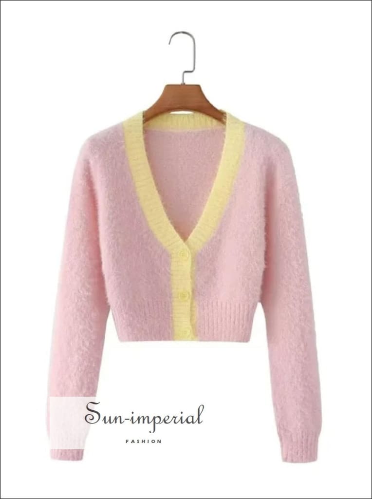 Women Pink with Yellow V Neck Knitted Puzzy Cropped Long Sleeve Single-breasted Cardigan Sweater Bohemian Style, boho style, casual chick 