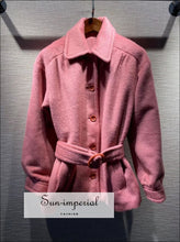 Women Pink Wool Blend Long Sleeve Single Breasted Coat with Turn-down Collar and Belt casual style, Preppy Style Clothes, Unique vintage 