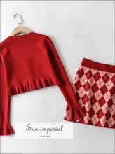 Women Plaid Red Button front Argyle Cropped Knit Cardigan and Mini Checkered Skirt Set SUN-IMPERIAL United States