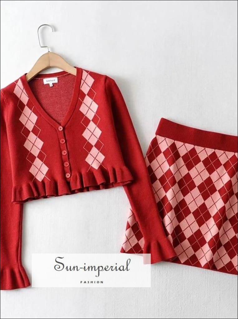 Women Plaid Red Button front Argyle Cropped Knit Cardigan and Mini Checkered Skirt Set SUN-IMPERIAL United States