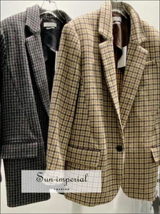 Women Plaid Retro Casual Wool Long Sleeve Blazer Coat Bohemian Style, casual style, elegant harajuku vintage style SUN-IMPERIAL United 
