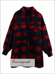 Women Plaid Woolen over Sized Shirt Jacket with Turn-down Collar and Pockets detail street style, Streetwear SUN-IMPERIAL United States