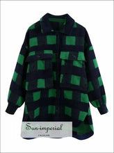 Women Plaid Woolen over Sized Shirt Jacket with Turn-down Collar and Pockets detail street style, Streetwear SUN-IMPERIAL United States