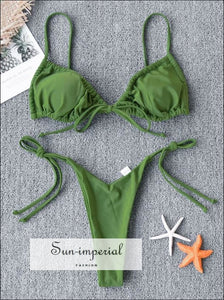 Women Plain Green Ruched Swimsuit with Tie side and Center Details Bikini Set SUN-IMPERIAL United States
