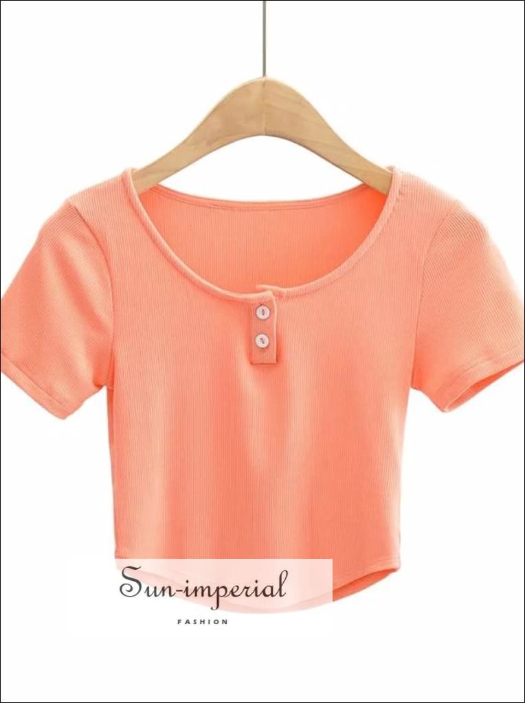 Women Plain Pink Ribbed Button front O Neck Short Sleeve Cropped T-shirt top with Curved Hem Front cropped Top With SUN-IMPERIAL United 