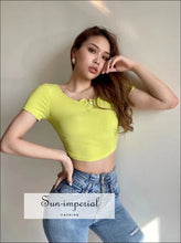 Women Plain Pink Ribbed Button front O Neck Short Sleeve Cropped T-shirt top with Curved Hem Front cropped Top With SUN-IMPERIAL United 