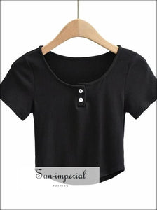 Women Plain Pink Ribbed Button front O Neck Short Sleeve Cropped T-shirt top with Curved Hem Front cropped Top With SUN-IMPERIAL United 