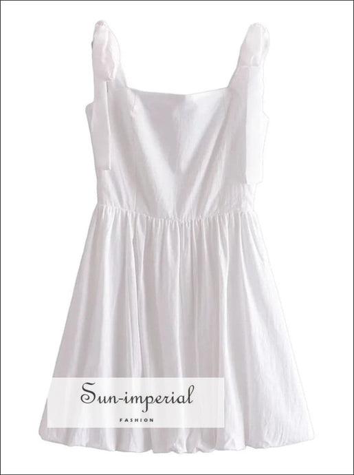 Women Plain White Tie Mesh Cami Strap Square Neck A-line Mini Dress Beach Style Print, Bohemian Style, boho style, chick sexy elegant style 