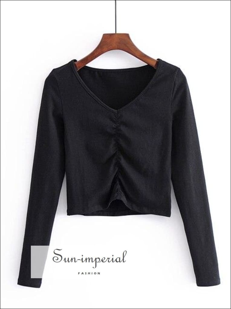 Women Plunge Neck Shirred front Tee with Long Sleeve Crop top