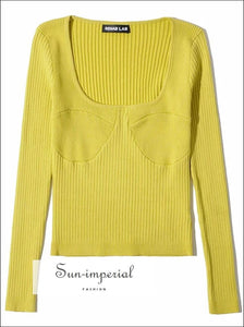 Women Plunging Neck Ribbed Deep V-neck Long Sleeve Knitted Blouse chick sexy style, harajuku PUNK STYLE, Unique style Sun-Imperial United 
