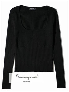 Women Plunging Neck Ribbed Deep V-neck Long Sleeve Knitted Blouse chick sexy style, harajuku PUNK STYLE, Unique style Sun-Imperial United 