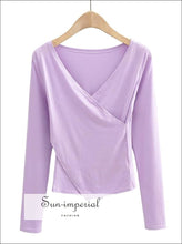 Women Purple Cross over Wrap front Long Sleeve top Basic style, casual harajuku Preppy Style Clothes, PUNK STYLE SUN-IMPERIAL United States