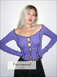 Women Purple Exposed Seams Long Sleeve top with Hollow out Center detail casual style, chick sexy harajuku Preppy Style Clothes, PUNK STYLE 