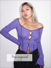 Women Purple Exposed Seams Long Sleeve top with Hollow out Center detail casual style, chick sexy harajuku Preppy Style Clothes, PUNK STYLE 