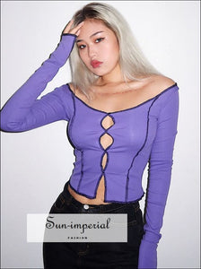 Women Purple Exposed Seams Long Sleeve top with Hollow out Center detail casual style, chick sexy harajuku Preppy Style Clothes, PUNK STYLE 