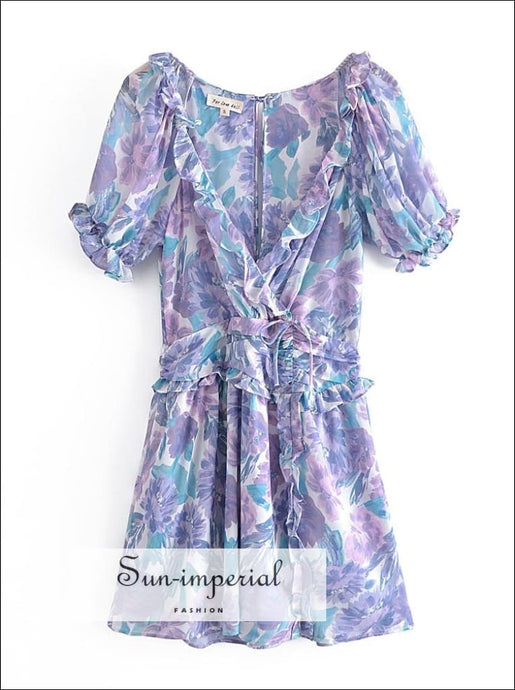Women Purple Floral Wrap Mini Dress with Short Puff Sleeve Open back and Ruffles detail Beach Style Print, bohemian style, boho chick sexy 