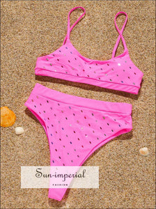 Women Purple High Waist Bikini Tank Set with Sequin Rectangle detail Hot Pink With Detail, White Detail SUN-IMPERIAL United States