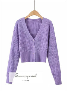 Women Purple Plunge Neck Chevron Cable Knit Cardigan Fitted Waist Crop top SUN-IMPERIAL United States