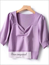 Women Purple Short Puff Sleeve Square Collar Knitted thin Sweater top Pullover SUN-IMPERIAL United States