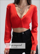 Women Red Deep V Neck Cropped Cardigan Volume Long Sleeve Slouchy Cut Crop Knit Sweater top Basic style, casual chick sexy harajuku Preppy 