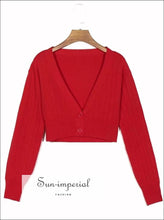 Women Red Deep V Neck Cropped Cardigan Volume Long Sleeve Slouchy Cut Crop Knit Sweater top Basic style, casual chick sexy harajuku Preppy 