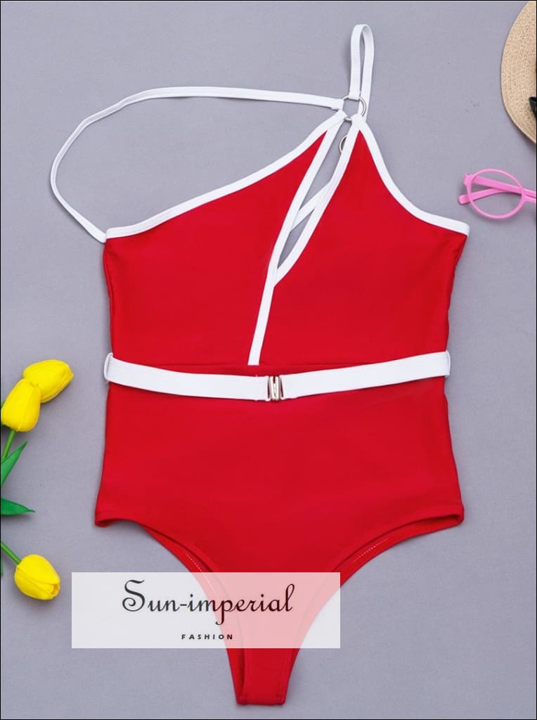 Women Red One Shoulder Cut out Asymmetric Backless Piece Swimwear with Buckle and Metal O- Ring With And Details SUN-IMPERIAL United States