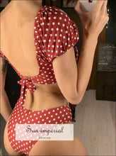 Women Red Polka Dot Sort Puff Sleeve Vintage V Neck Mid Waist Tie back Bikini Set best seller, Back SUN-IMPERIAL United States