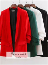 Women Red Ruched 3/4 Length Sleeve Blazer Jacket Coat best seller, BLAZER, casual style, elegant harajuku style SUN-IMPERIAL United States