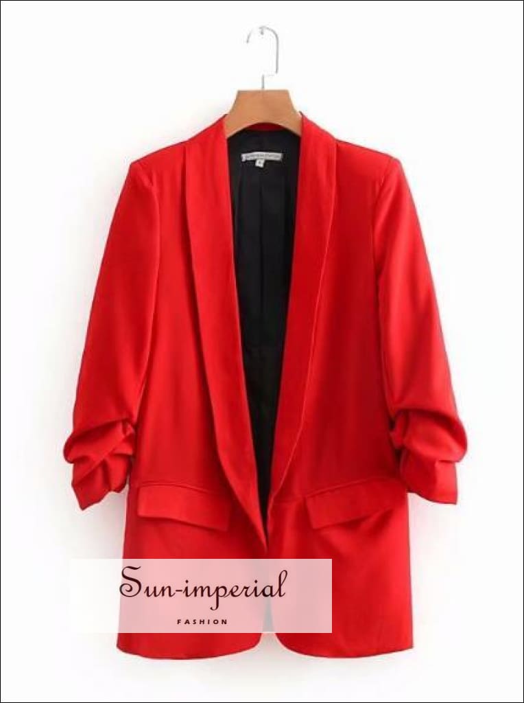 Women Red Ruched 3/4 Length Sleeve Blazer Jacket Coat best seller, BLAZER, casual style, elegant harajuku style SUN-IMPERIAL United States