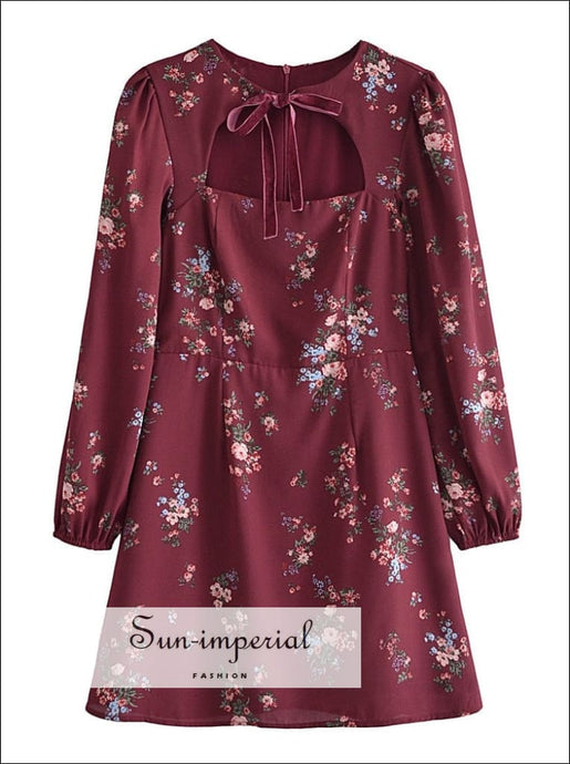 Women Red Square Collar Floral Print Long Sleeve Mini Dress with Velvet Bow Tie detail Bohemian Style, boho style, chick sexy harajuku 