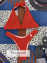 Women Red Textured Ribbed Halter Bikini with Center O-ring top and side Bottoms With O-Ring Top And Side SUN-IMPERIAL United States