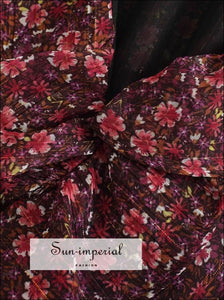 Women Red Wine Floral Print Wrap Long Sleeve Mini Dress with Ruffles and Elastic Waist detail Beach Style Print, Bohemian Style, boho, boho 
