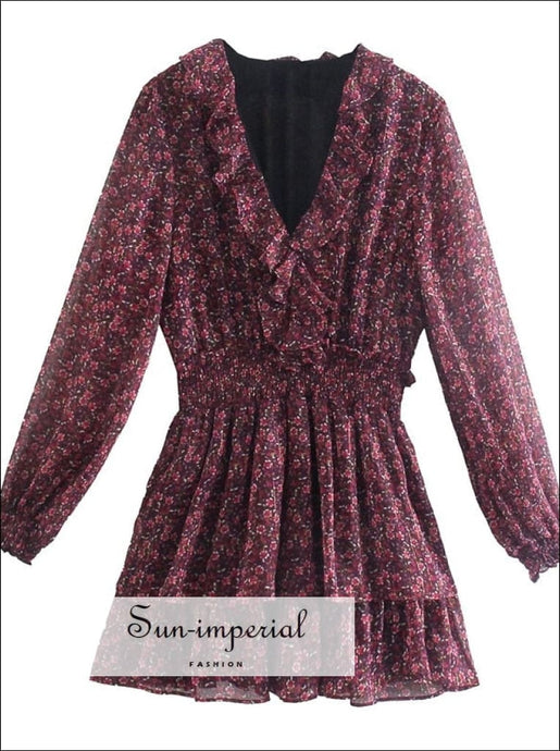 Women Red Wine Floral Print Wrap Long Sleeve Mini Dress with Ruffles and Elastic Waist detail Beach Style Print, Bohemian Style, boho, boho 