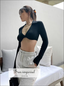 Women Ribbed Beige Long Sleeve Deep V Neck Wrap Super Crop top with Collar Basic style, casual chick sexy harajuku Preppy Style Clothes 