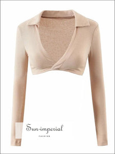 Women Ribbed Beige Long Sleeve Deep V Neck Wrap Super Crop top with Collar Basic style, casual chick sexy harajuku Preppy Style Clothes 