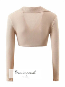 Women Ribbed Beige Long Sleeve Deep V Neck Wrap Super Crop top with Collar Basic style, casual chick sexy harajuku Preppy Style Clothes 