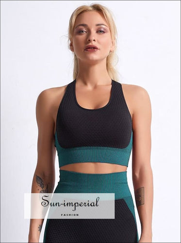 Women Ribbed Black and Blue Colorblock Cropped Sports Bra Cross back Yoga top ACTIVE WEAR, active wear women, activewear, get active, sports
