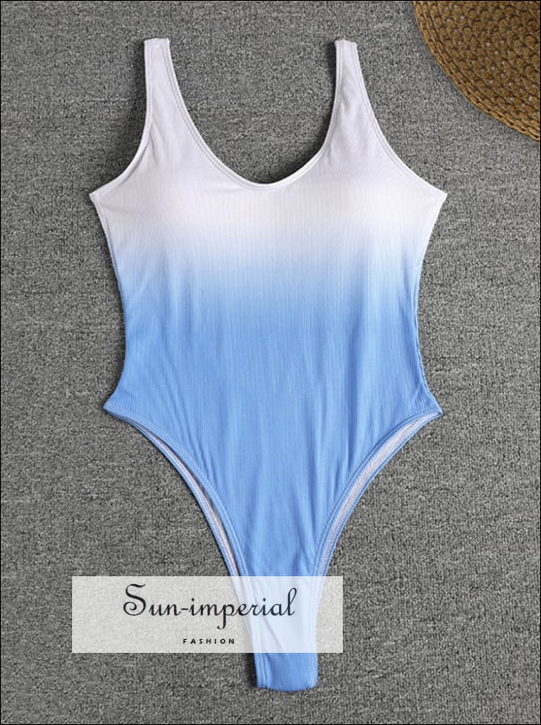 Women Ribbed Blue Ombre One Piece Backless Swimsuit Sun-Imperial United States