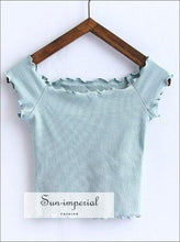 Women Ruffle Design Slash Neck Crop Tops Striped Knitted off Shoulder Short Sleeve BASIC SUN-IMPERIAL United States