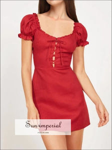 Women Ruffle Edged Neck Mini Dress with Puffed Shoulder Vintage Lace up front SUN-IMPERIAL United States