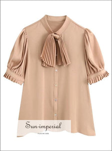 Women Rust Buttoned Satin Blouse with Ruched Short Puff Sleeve and Bow detail casual style, elegant office blouse, vintage workwear 