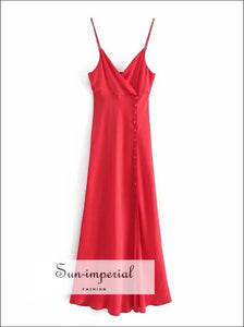 Women Satin Red Slim Maxi Dress with Wrap Bodice side Buttons and Slit detail Bohemian Style, chick sexy style, elegant Party Dresses, New 