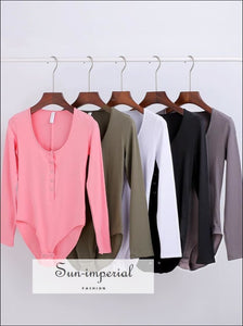 Women Scoop Neck Super Soft Cotton Bodysuit Long Sleeve Button front Bodysuits