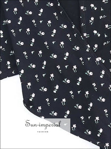 Women self Tie front Wrap Tee Print Floral T-shirt V Neck Long Sleeve Two Ways top BASIC, vintage SUN-IMPERIAL United States