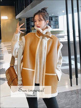 Women Shearling Sleeveless Camel Vest Coat Pu Leather thick Jacket with White Lamp Fur Midi bohemian style, boho casual street Unique style 