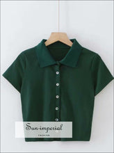 Women Green Short Sleeve Collared Button up Crop top Opaque Buttons T-shirt